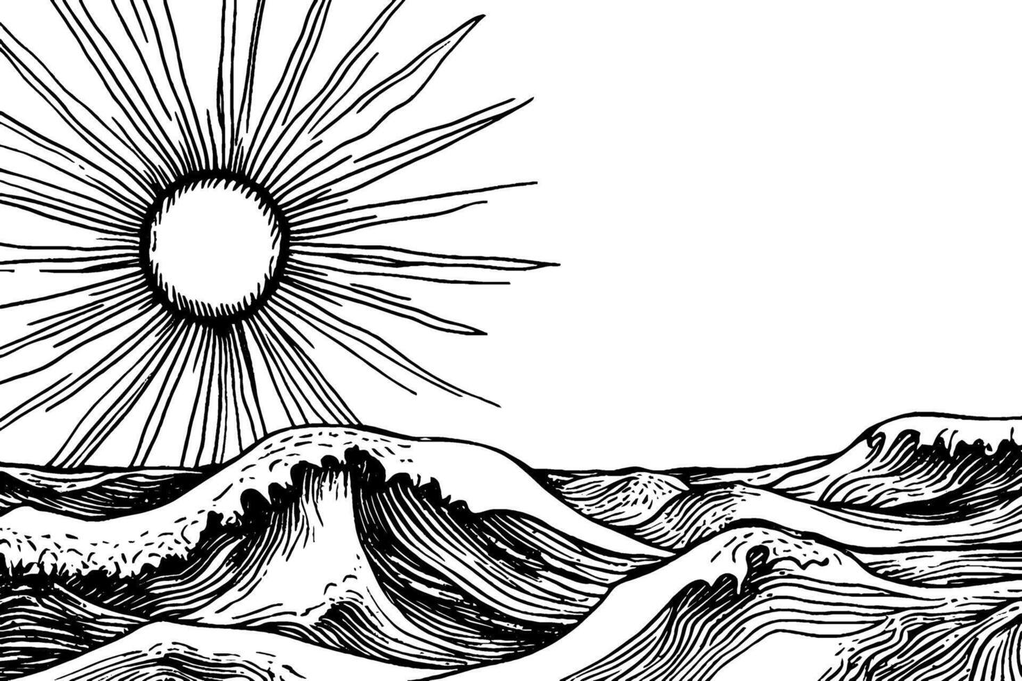 A detailed black and white illustration of ocean waves with a sun radiating rays in the background. The waves are stylized with intricate line work, creating a dynamic and flowing appearance. vector