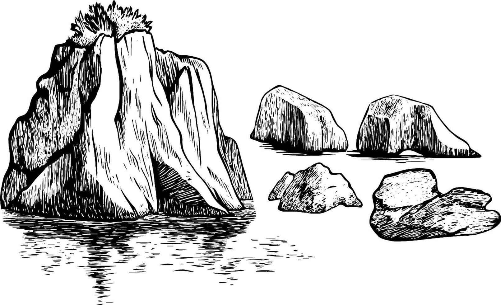 A detailed illustration of various rocks and boulders, some with vegetation on top, set against a calm water surface. The style is sketch-like, emphasizing texture and form. vector