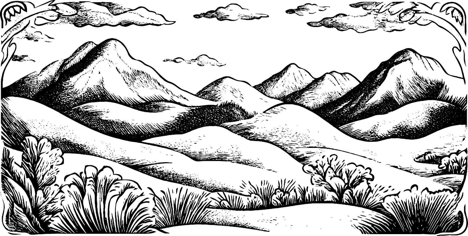 A detailed black and white illustration of a mountainous landscape with rolling hills, clouds, and vegetation in the foreground. vector