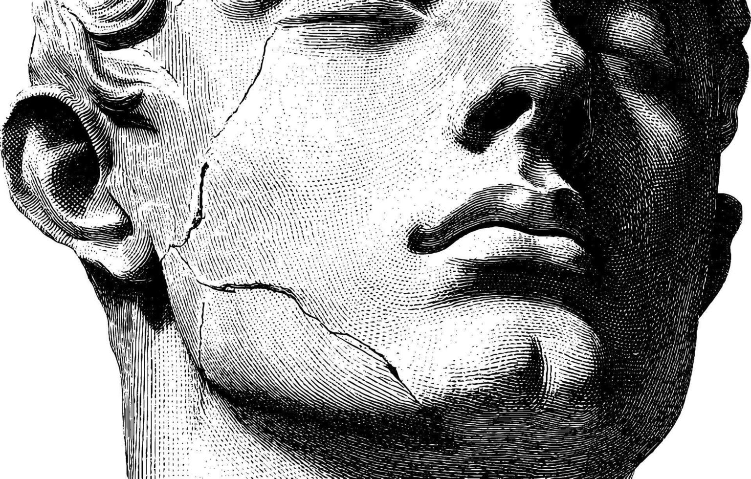 Classical marble statue fragment with cracks and detailed texture in black and white. vector