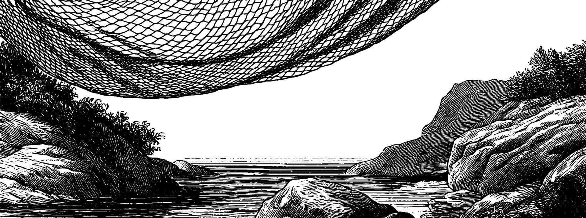 Engraved coastal scene with fishing net draped over rocky landscape. vector