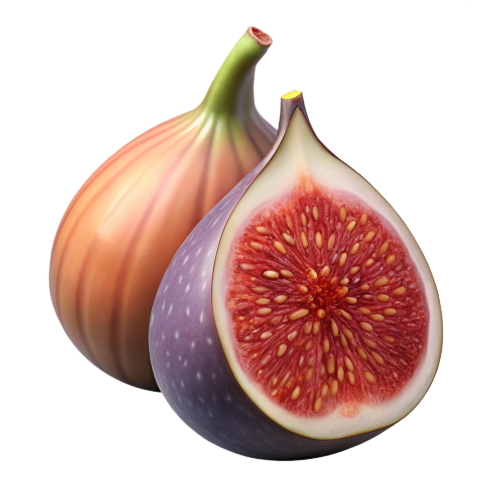 splendid unparalleled Photorealistic, ultra-detailed, isolated cutout of a single, ripe fig, sliced open to reveal the inside with Transparent Background png