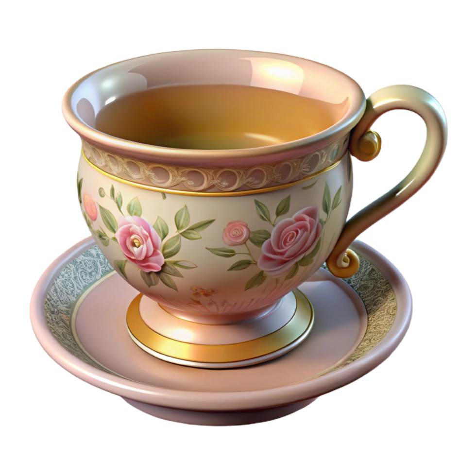 captivating traditional Ultra-detailed, professional render of a vintage teacup with a floral pattern with Transparent Background original png