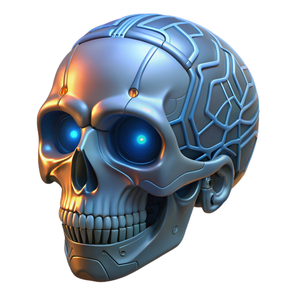 impressive energetic abstract Cybernetic skull with glowing circuitry with Transparent Background refined png