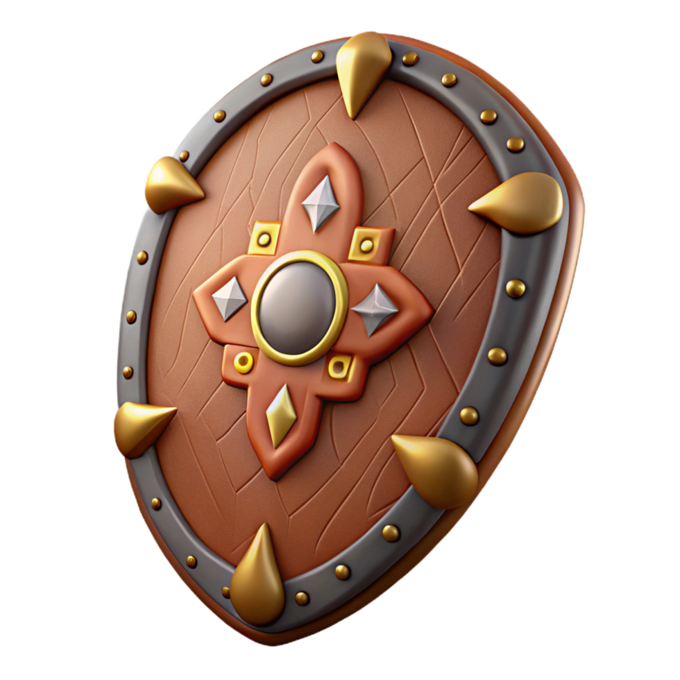 spectacular passionate modern Hyper-specific isolated cutout of a tribal warrior's leather shield painted with vibrant tribal symbols, photorealistic render with Transparent Background refined png