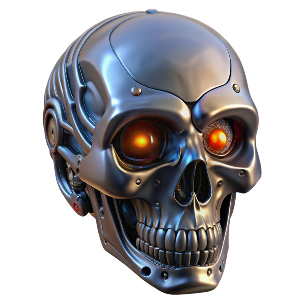 magnificent elegant Ultra-detailed isolated cutout of a biomechanical skull, intricate engravings, glowing eyes, metallic jaw, with Transparent Background top-tier png