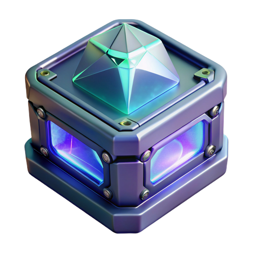 vibrant surreal Crystalline data storage device with glowing facets and intricate patterns with Transparent Background crisp png