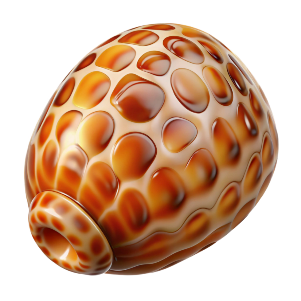 dynamic fascinating Professional render concept art style isolated cutout of a polished tiger cowrie shell, glossy, vibrant, intricate patterns, with Transparent Background high quality png