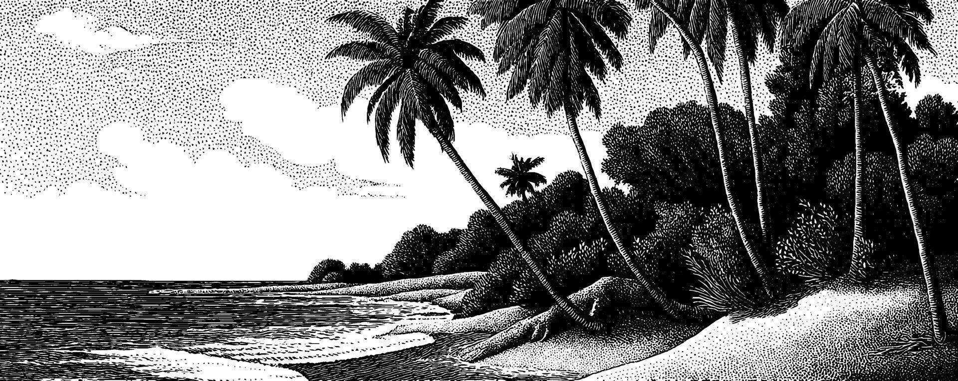 Tropical landscape with rustic cabin and palm trees in vintage 1950s woodcut style. vector