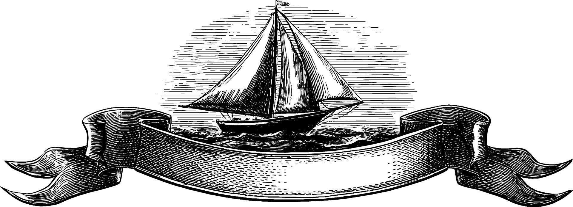 Engraved illustration of a classic sailboat with decorative banner for nautical design use. vector