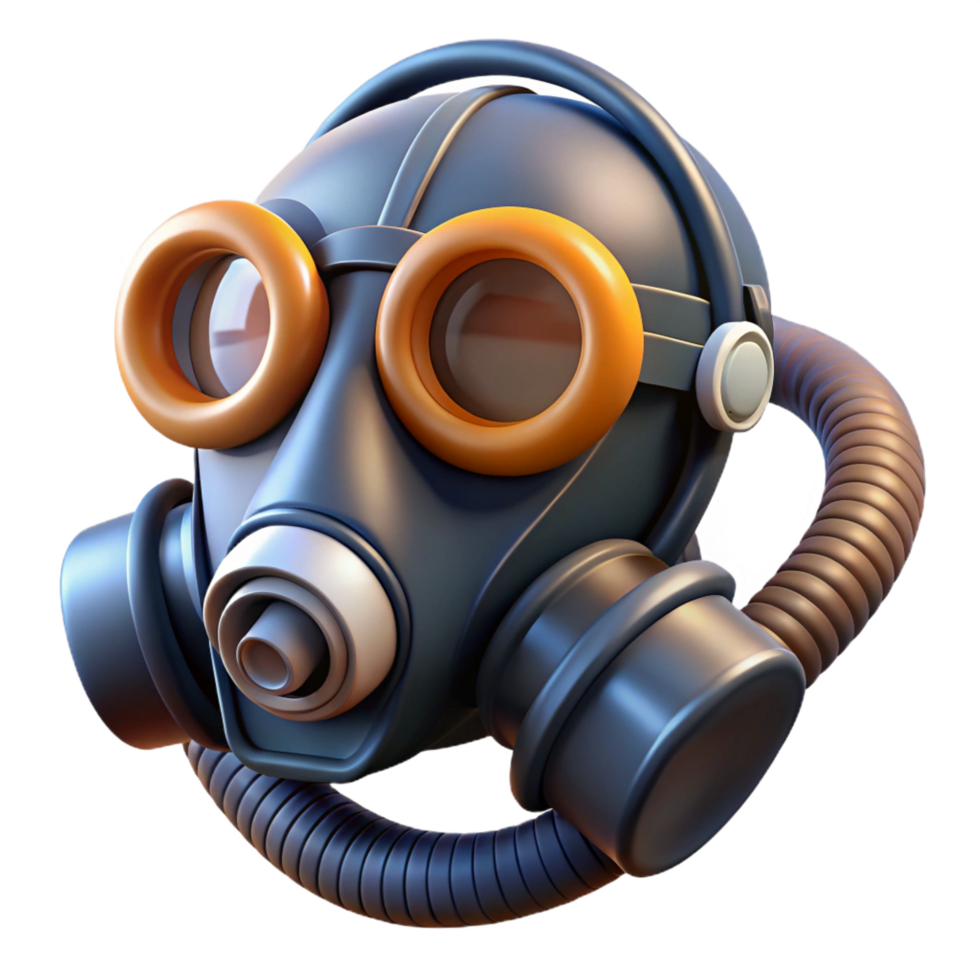 enchanting whimsical nordic Ultra-detailed, photorealistic render Isolated cutout of a retro-futuristic gas mask with tinted lenses and a flexible hose with Transparent Background detailed png