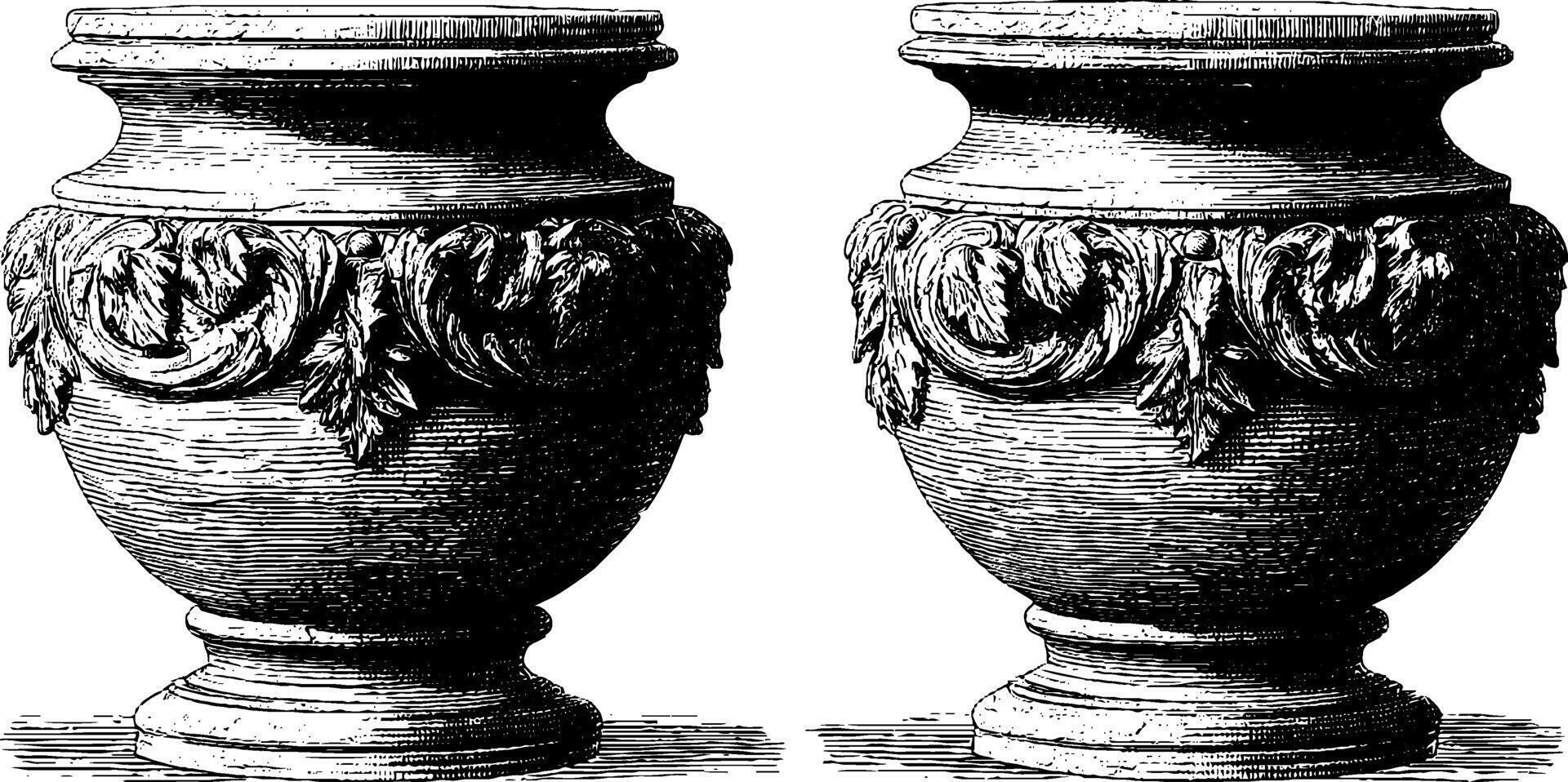 Vintage ornate vases with intricate leaf patterns in black and white illustration. vector