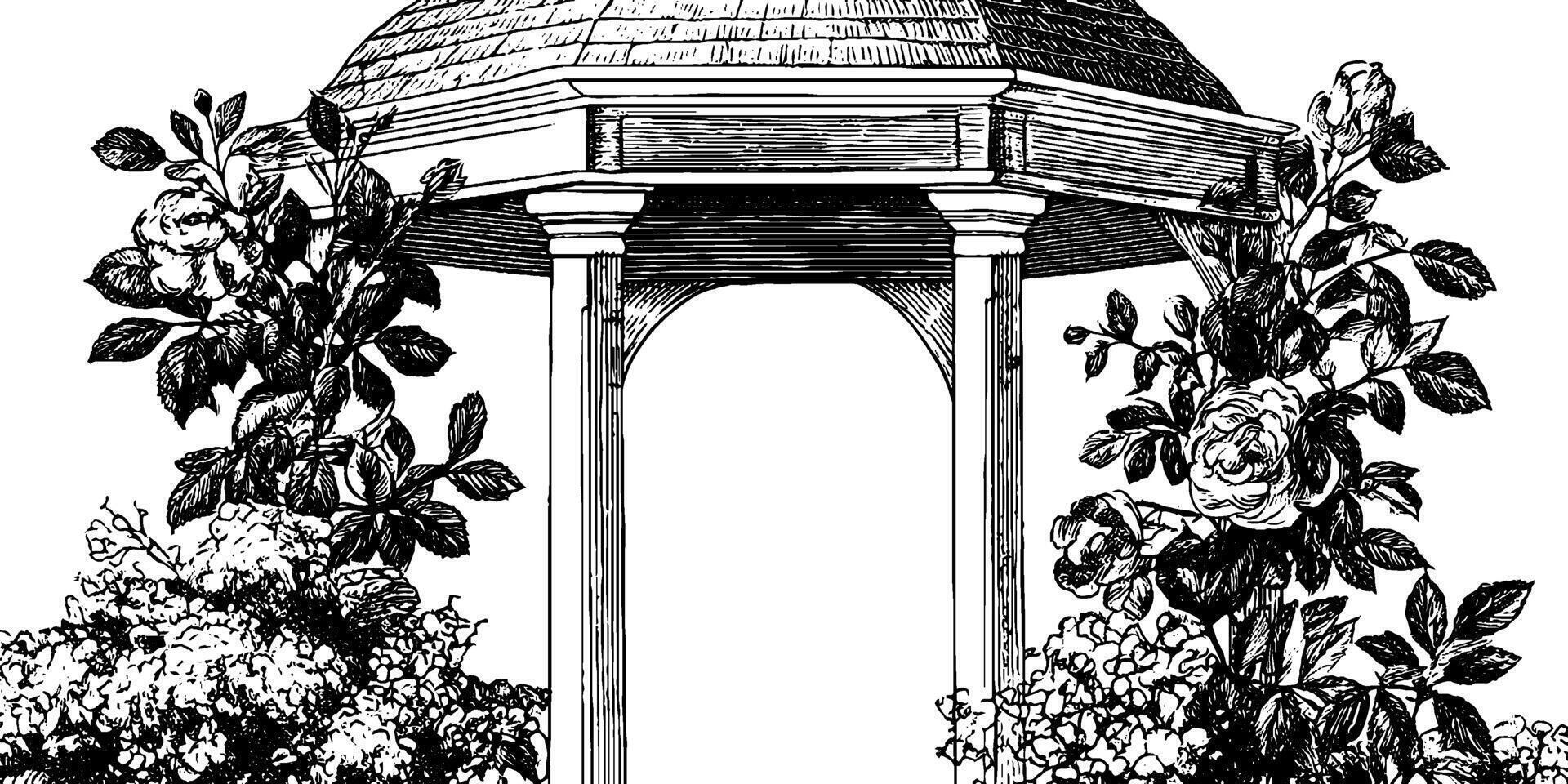 Romantic gazebo with floral decorations - engraved vintage illustration for design. vector