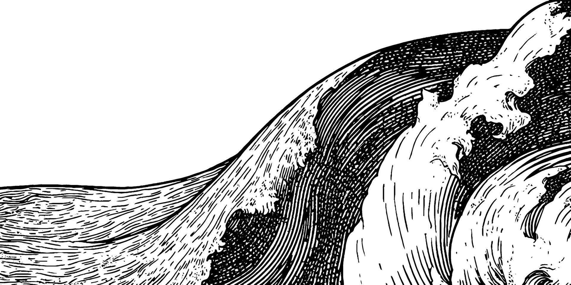 A detailed black and white illustration of ocean waves, showcasing intricate line work and textures that depict the movement and energy of the water. vector
