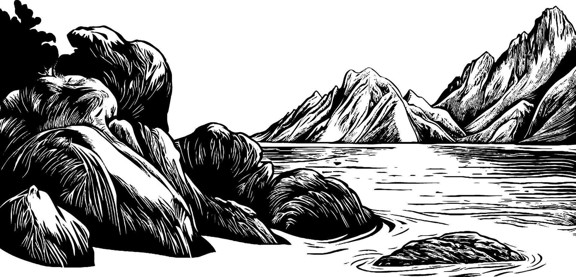 A black and white illustration of a serene landscape featuring large rocks in the foreground, a calm body of water, and distant mountains. The scene conveys tranquility and natural beauty. vector