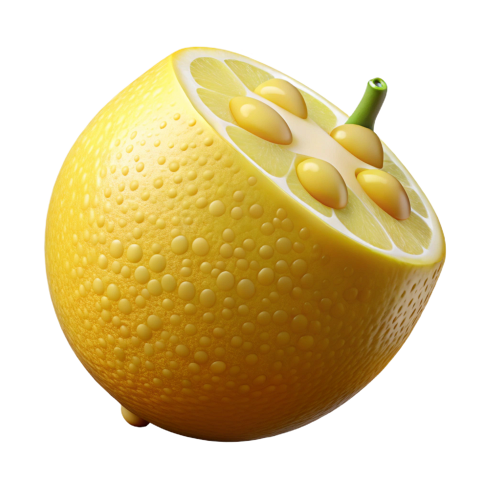 serene industrial Photorealistic, hyper-specific render of a single, cut lemon with detailed pulp and seeds Isolated cutout with Transparent Background impeccable png