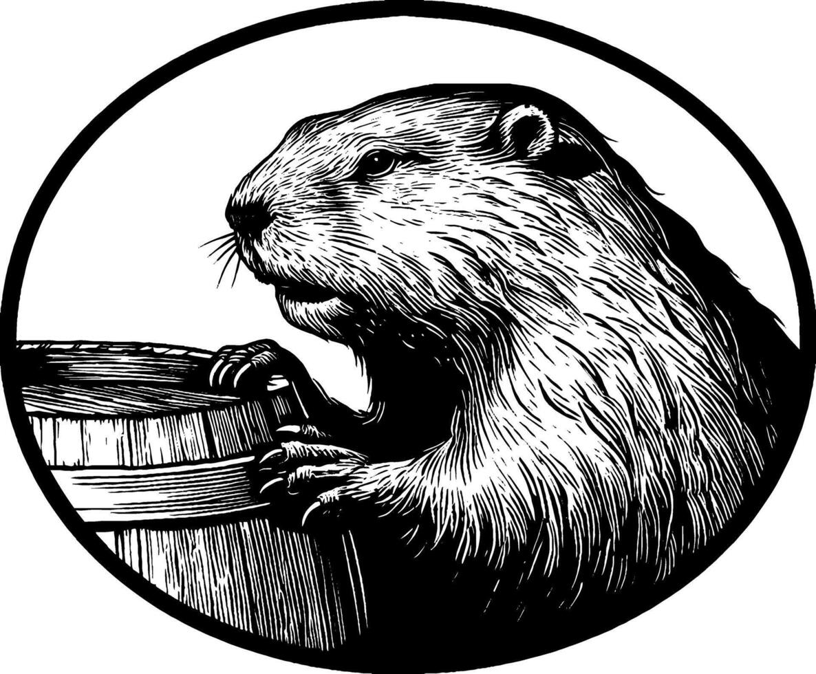 Engraved illustration of a beaver brewing beer with wood barrel concept. vector