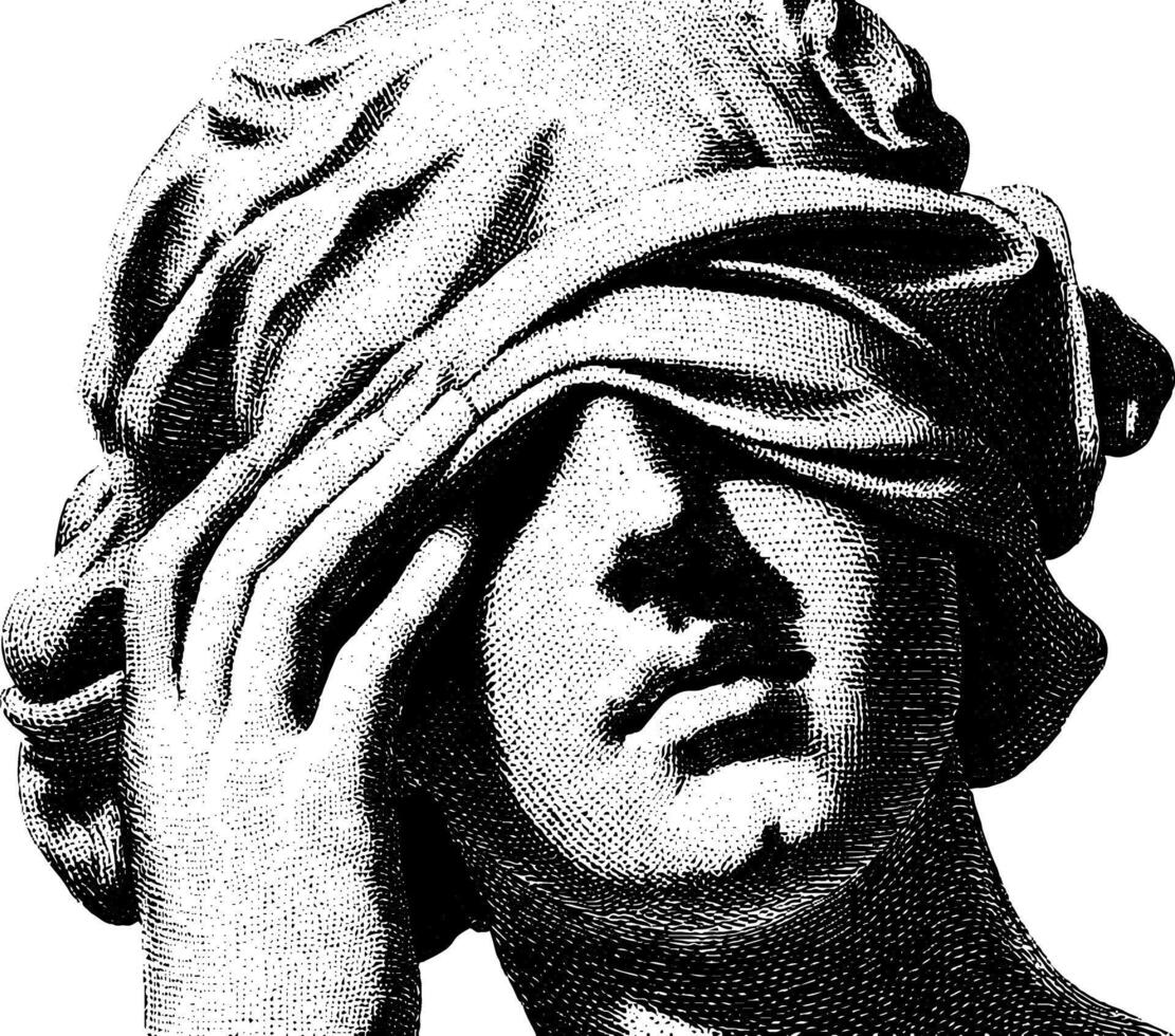 Classical marble sculpture of blindfolded figure with intricate drapery. vector