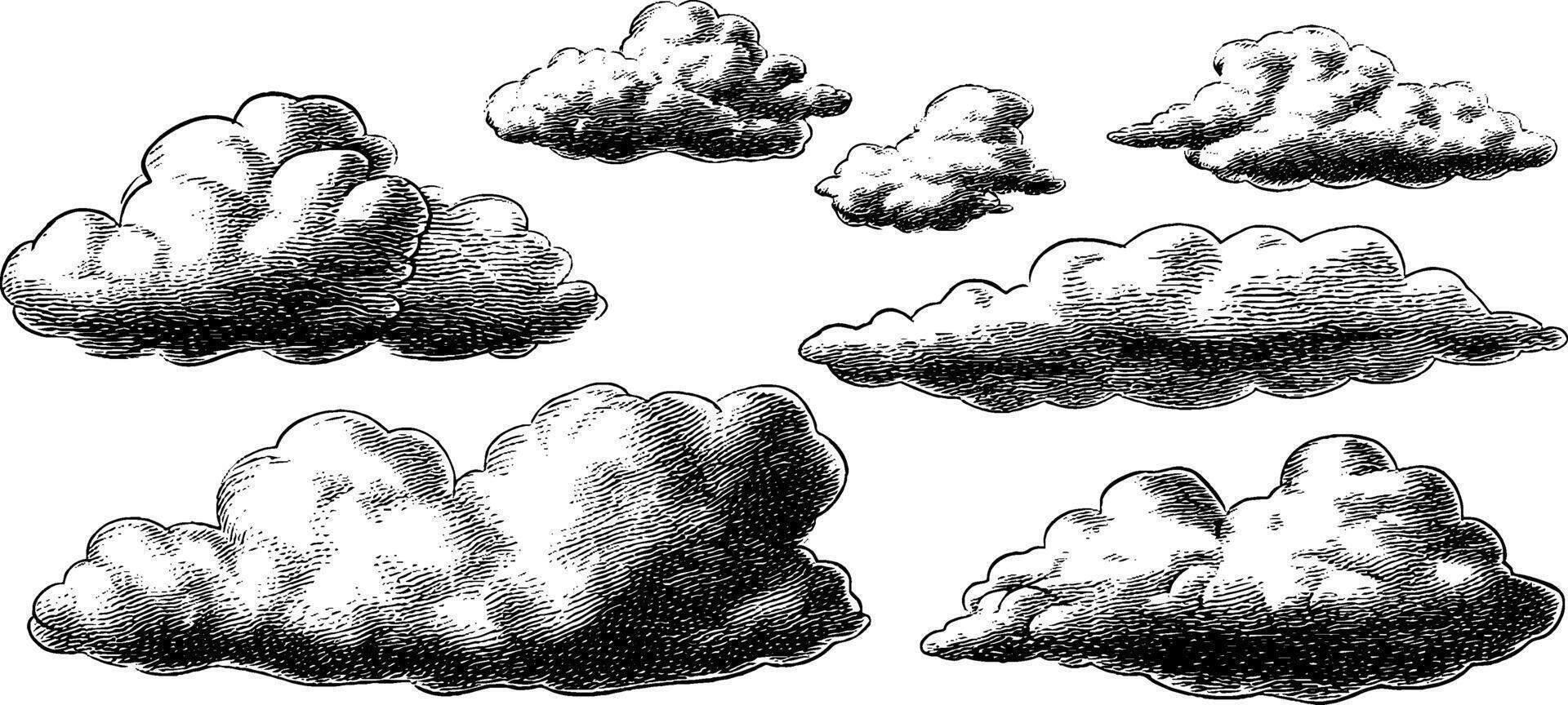 Vintage 1950s woodcut style black and white cloud illustrations for retro design. vector