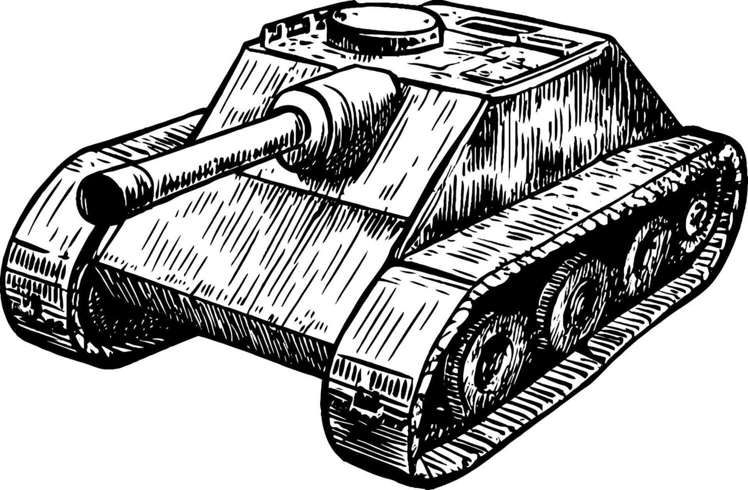 An illustration of a tank, showcasing its armored body, turret, and tracks. The design is detailed with shading and texture, emphasizing its military features. vector