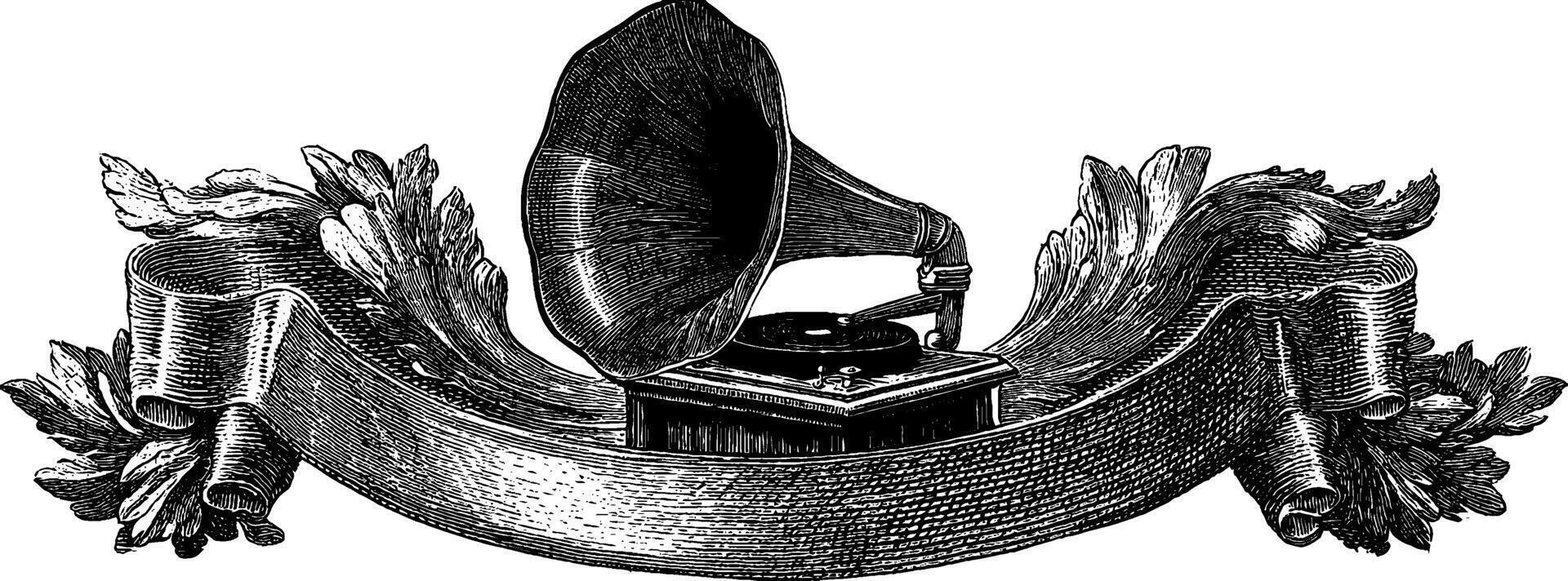 Vintage gramophone engraving with ornamental ribbon for retro design. vector