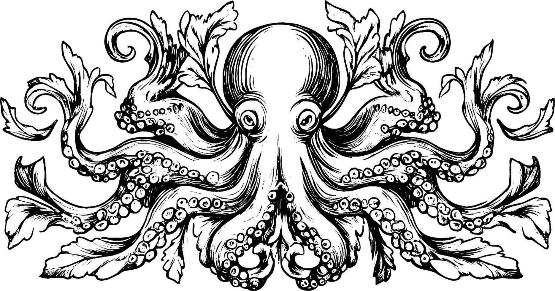 An intricate black and white illustration of an octopus surrounded by decorative leaves. The octopus features detailed tentacles and expressive eyes, showcasing its unique anatomy. vector