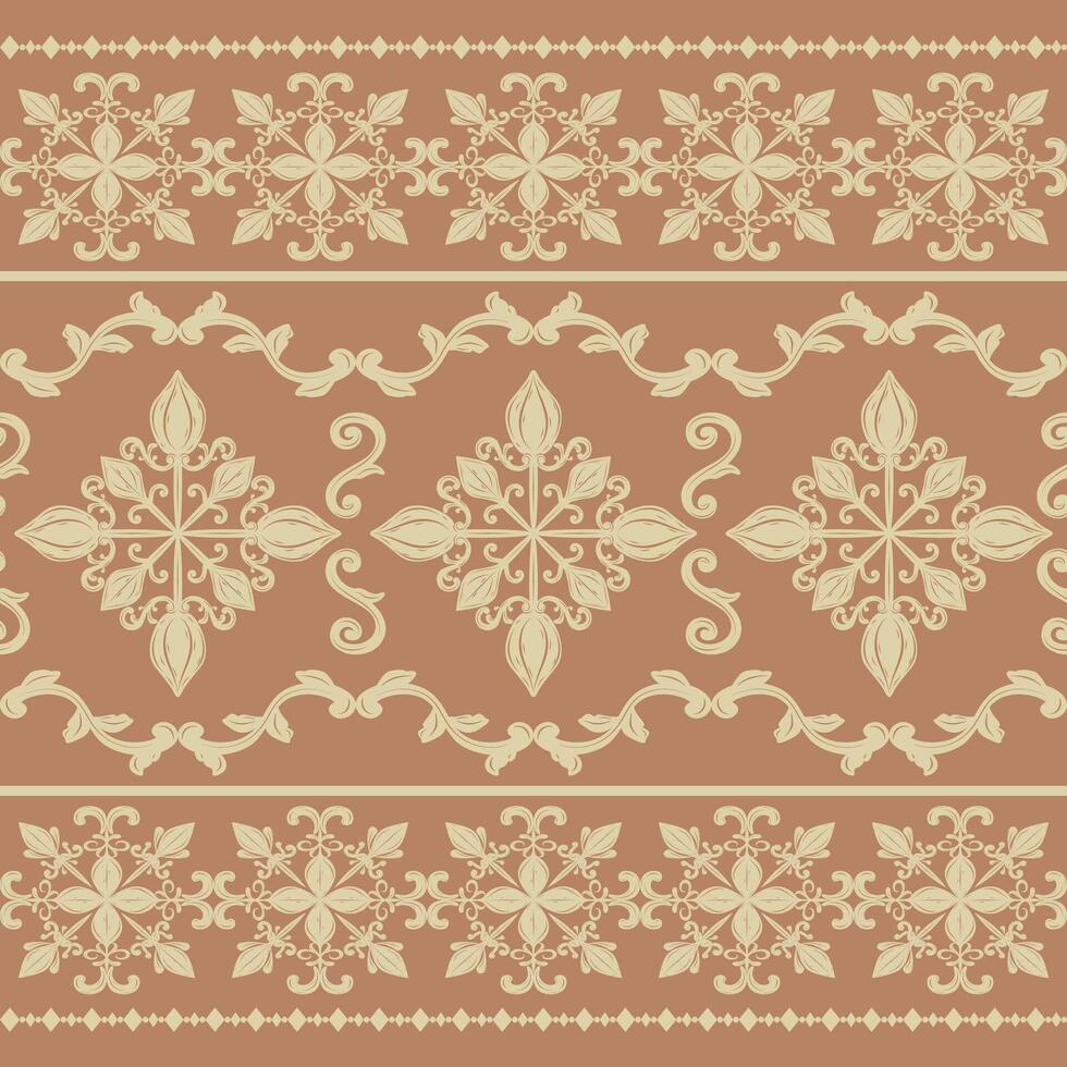 Beautiful Florals Royal Gold Brown Caramel Theme. Intricate Rich Pattern Baroque Style Seamless Border Pattern Design for Wealth Expression Scroll Ornate Exquisite Fabrics Bedsheet Interior Textiles vector
