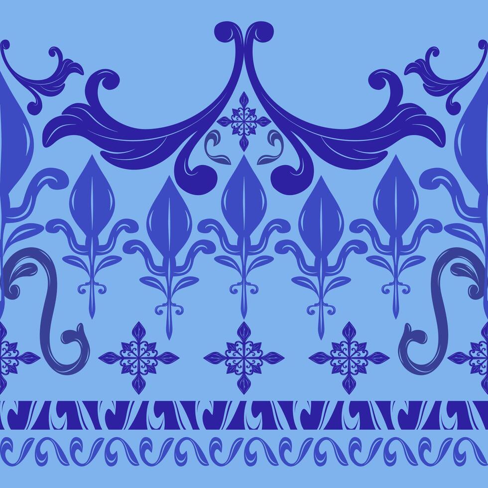 Cerulean Luxury Royal Blue Curly Scroll Ornament Seamless Border Pattern. Exotic Opulence Sound of Ocean Waves Inspired. Elegance Baroque Element Design for Decoration Stripe Rim Embroidery Silk Scarf vector