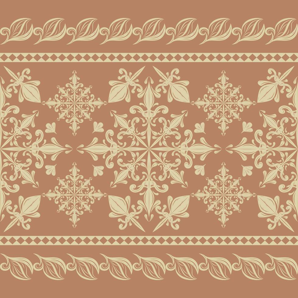 Beautiful Ellipse Opulence Curly Scroll Ornament Florals and Leaves with Royal Gold Element on Light Brown Background. Luxury Warm Mocha Moose Pattern Seamless Design for Border Rim Lace Fabrics Scarf vector