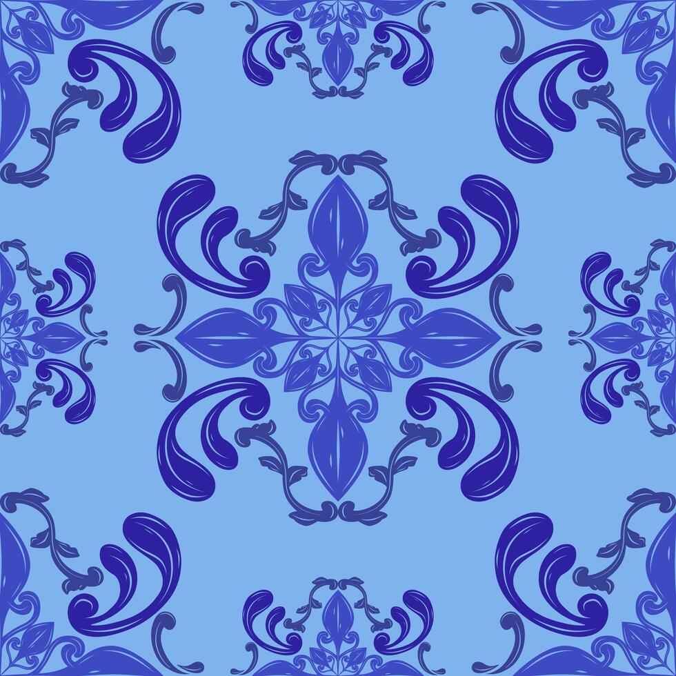 Exotic Elaborate Royal Blue Scroll Ornate on Light Azure Background. Ocean Waves Delicate Florals Luxury Geometric Twist Repeat Pattern Stripe Border for Elegance Work Decor Silk Textiles Baroque Lace vector