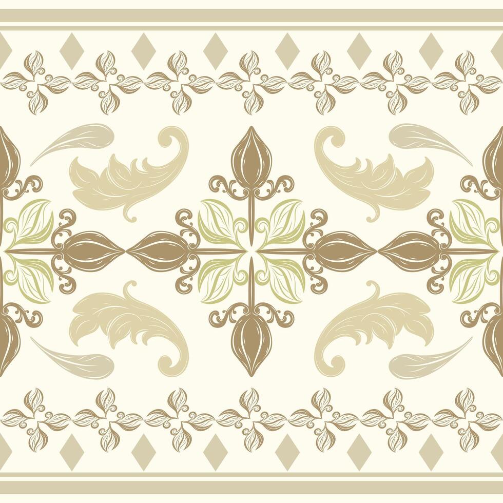Delicate Drawing Florals Elegance Royal Seamless Pattern Border. Luxury Brown Ornate Scroll Design on light cream Background. Sense Of Rich Botanical For Elaborate Decoration Silk Textiles Lace vector