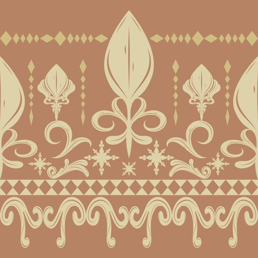 Elegance Abstract Medieval Florals Curly Ornate Element with Golden Silk Weaves on Light Brown Background. Delicate Opulence Pattern Seamless Design for Rich Border Silk Textile Texture Attire Curtain vector