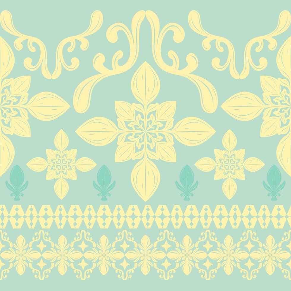 Loveliness Sweetly Green and Yellow Florals Buds Intricate Medieval Scroll Ornament Seamless Pattern. Elaborate Traditional Victorian Twist Geometric Opulence Design for Border Fabrics Rim Lace vector