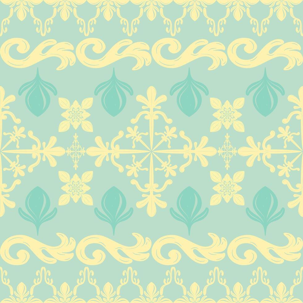 Soft Pastel Green and Yellow Medieval Seamless Pattern Border and Repeat Detailed Rich Haute Couture Botany Garden Nature Inspire Theme Design for Luxury Art work Scroll Ornate Silk Handicraft Motif vector