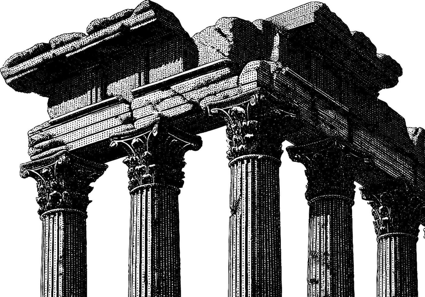 Ancient roman temple ruins with corinthian columns in black and white engraving. vector