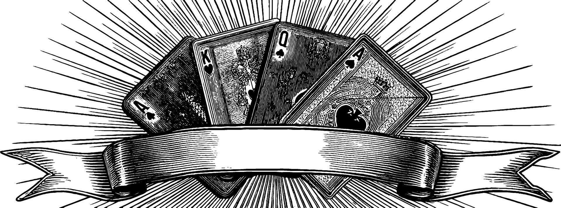 Vintage engraved illustration of playing cards with decorative ribbon banner. vector