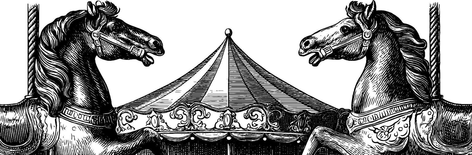 Vintage engraving of carousel horses with carousel tent in classic style for nostalgic designs. vector
