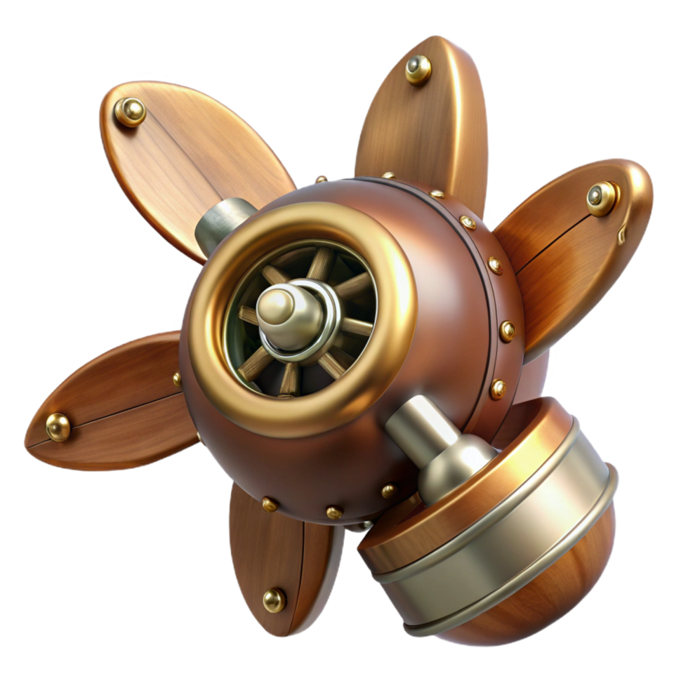 wonderful peaceful impressionist Steampunk airship propeller made of polished wood and copper with Transparent Background detailed png