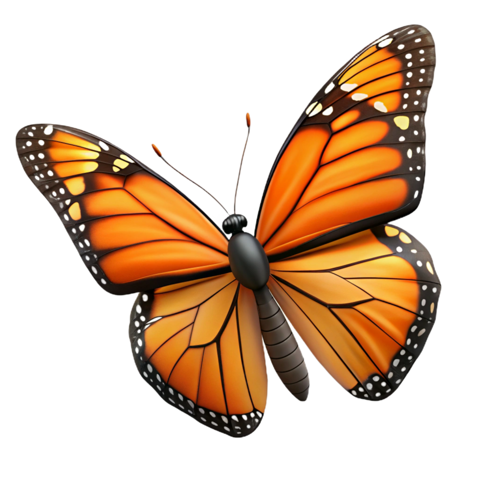 breathtaking quintessential Hyper-specific professional render of an isolated cutout single monarch butterfly Danaus plexippus with wings fully spread, dorsal view, with Transparent Background png