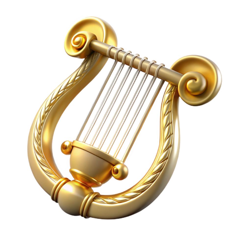 magnificent calm creative Hyper-specific, isolated cutout Photorealistic render Single Apollo's Lyre, golden strings, intricate carvings with Transparent Background flawless png