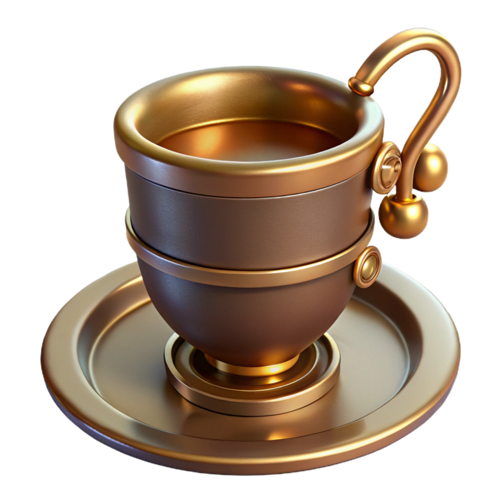 dramatic energetic avant-garde Steampunk teacup with a brass handle and saucer with Transparent Background masterfully captured png