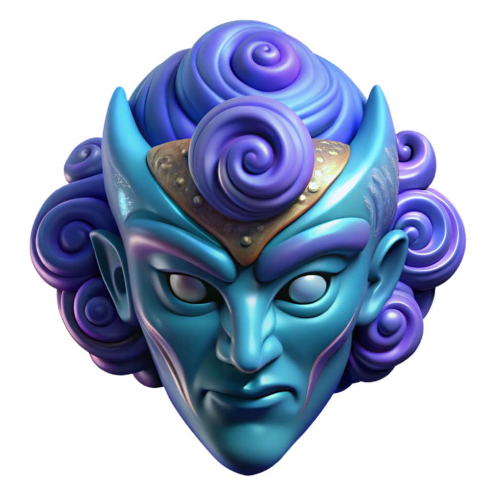 dazzling futuristic Hyper-specific, professional render, isolated cutout of a single, stylized, cosmic deity mask with swirling nebula patterns with Transparent Background top-tier png
