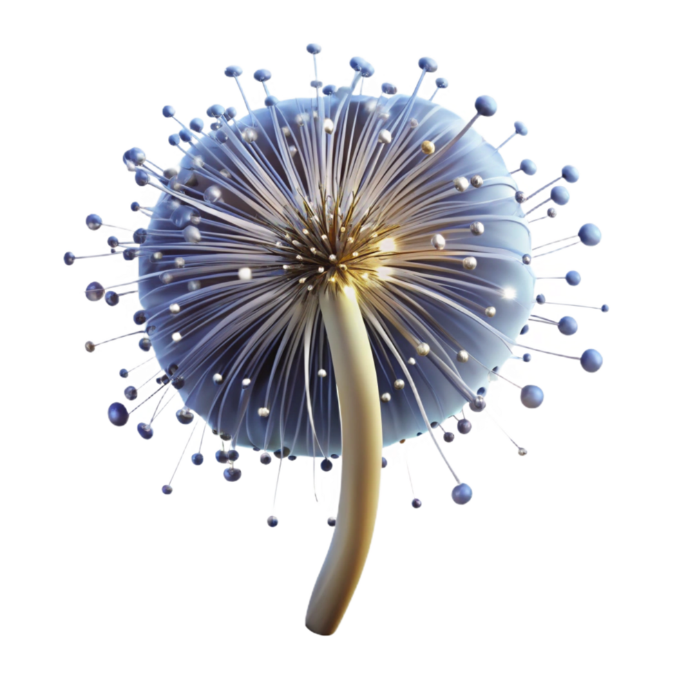 immaculate ethereal mid-century Photorealistic ultra-detailed professional render, isolated cutout, single cosmic dandelion with seeds dispersing into stardust with Transparent Background 4K png