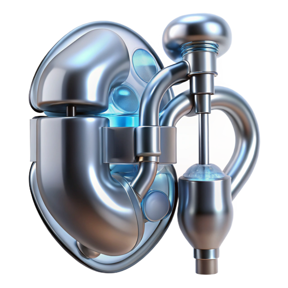 extraordinary sought-after Hyper-specific photorealistic biomechanical kidney, filtration system exposed, glowing fluids, platinum and silver, isolated cutout with Transparent Background png