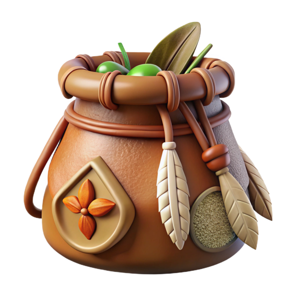 dramatic breathtaking Ultra-detailed isolated cutout professional render of a tribal shaman's pouch made of animal hide and containing various herbs and powders with Transparent Background precision png
