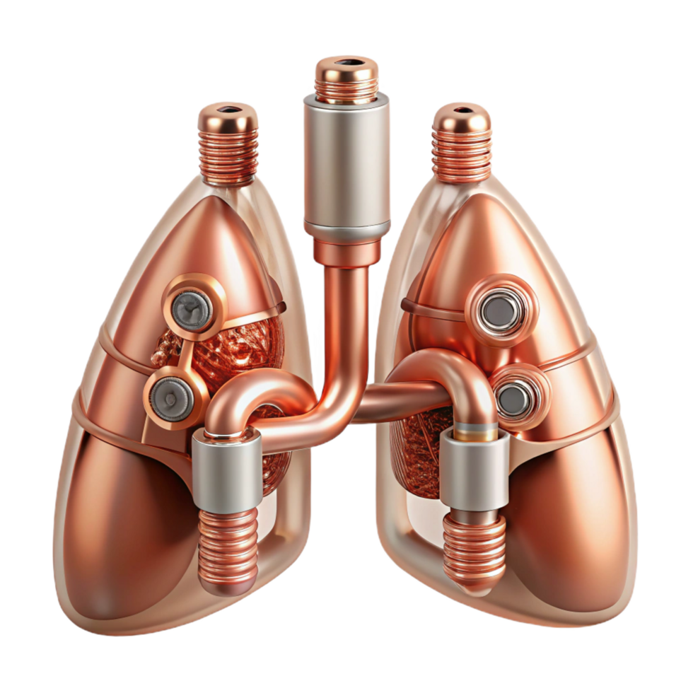 inspired coastal Concept art style biomechanical lung, intricate network of tubes and filters, pulsating bellows, copper and glass, isolated cutout with Transparent Background high resolution png