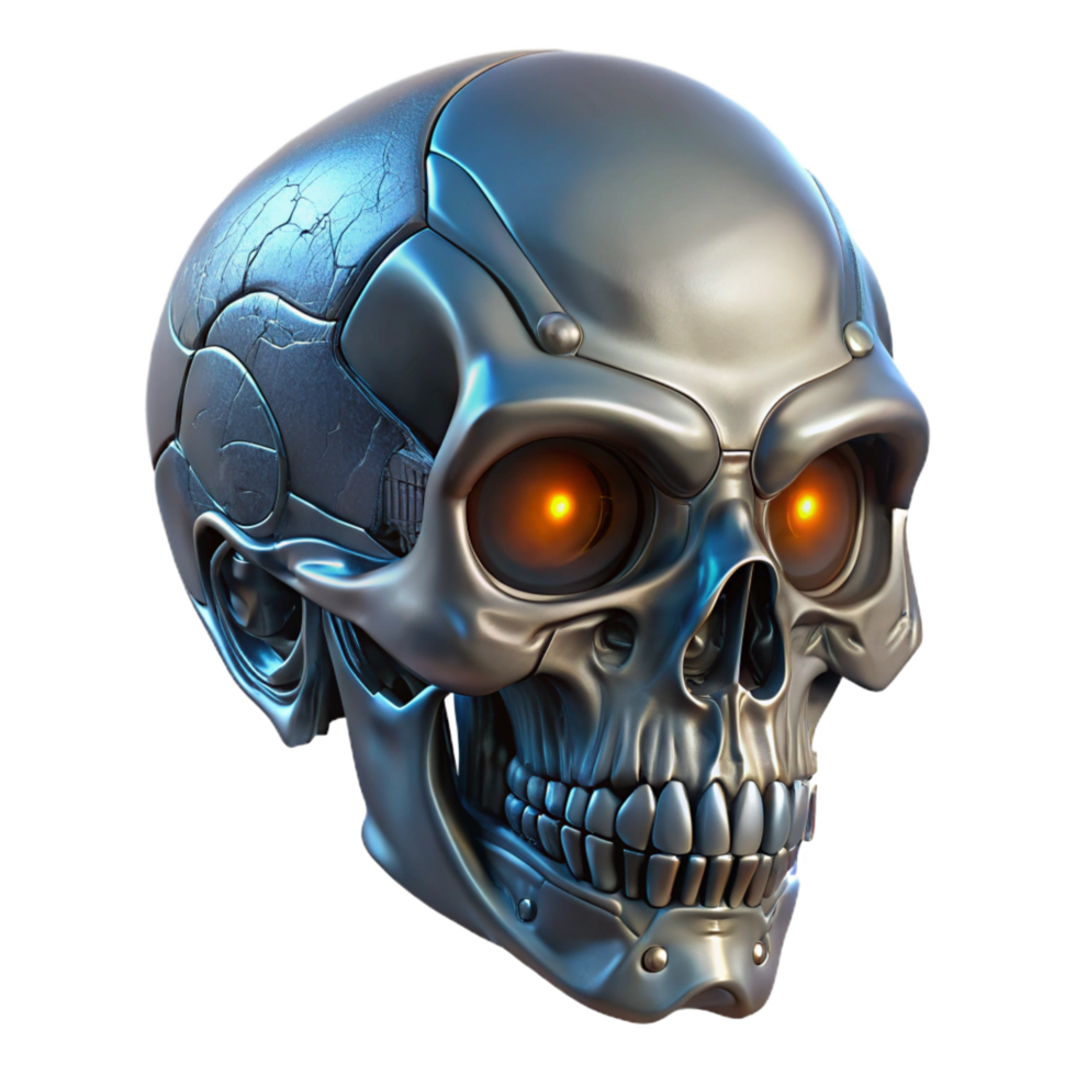 pristine dynamic victorian Ultra-detailed isolated cutout of a biomechanical skull, intricate engravings, glowing eyes, metallic jaw, with Transparent Background gallery standard png