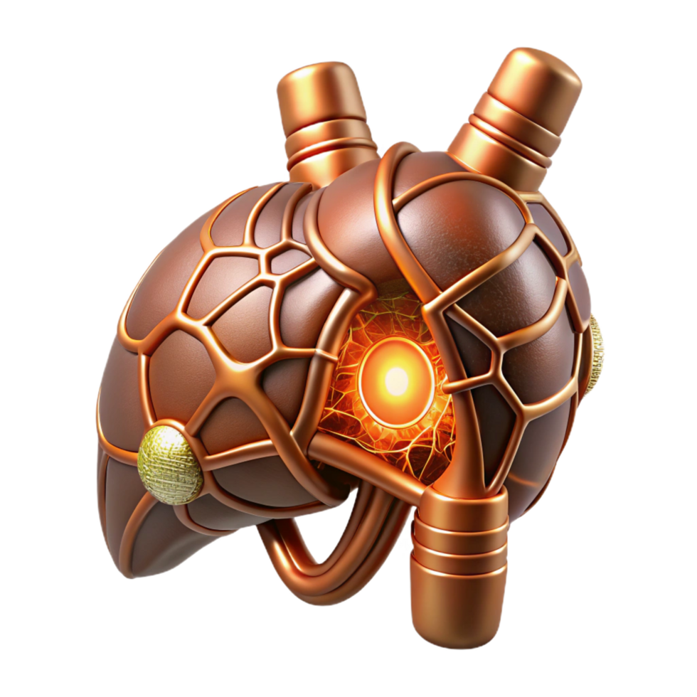 dynamic hypnotic Concept art style biomechanical liver, intricate network of ducts and vessels, glowing core, bronze and copper, isolated cutout with Transparent Background crisp png