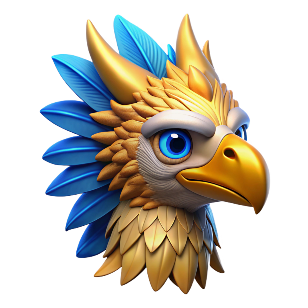 splendid elegant Concept art style isolated cutout of a majestic griffin head with golden feathers and piercing blue eyes with Transparent Background luxury png