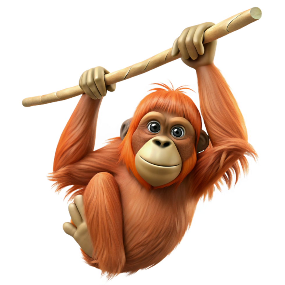 extraordinary remarkable Ultra-detailed, professional render of a single orangutan, hanging from a branch branch cropped out, isolated cutout, with Transparent Background png